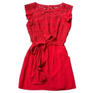 Nanette Lepore Red Embroidered Flutter Sleeve Tie Waist Mini Dress- Size 2